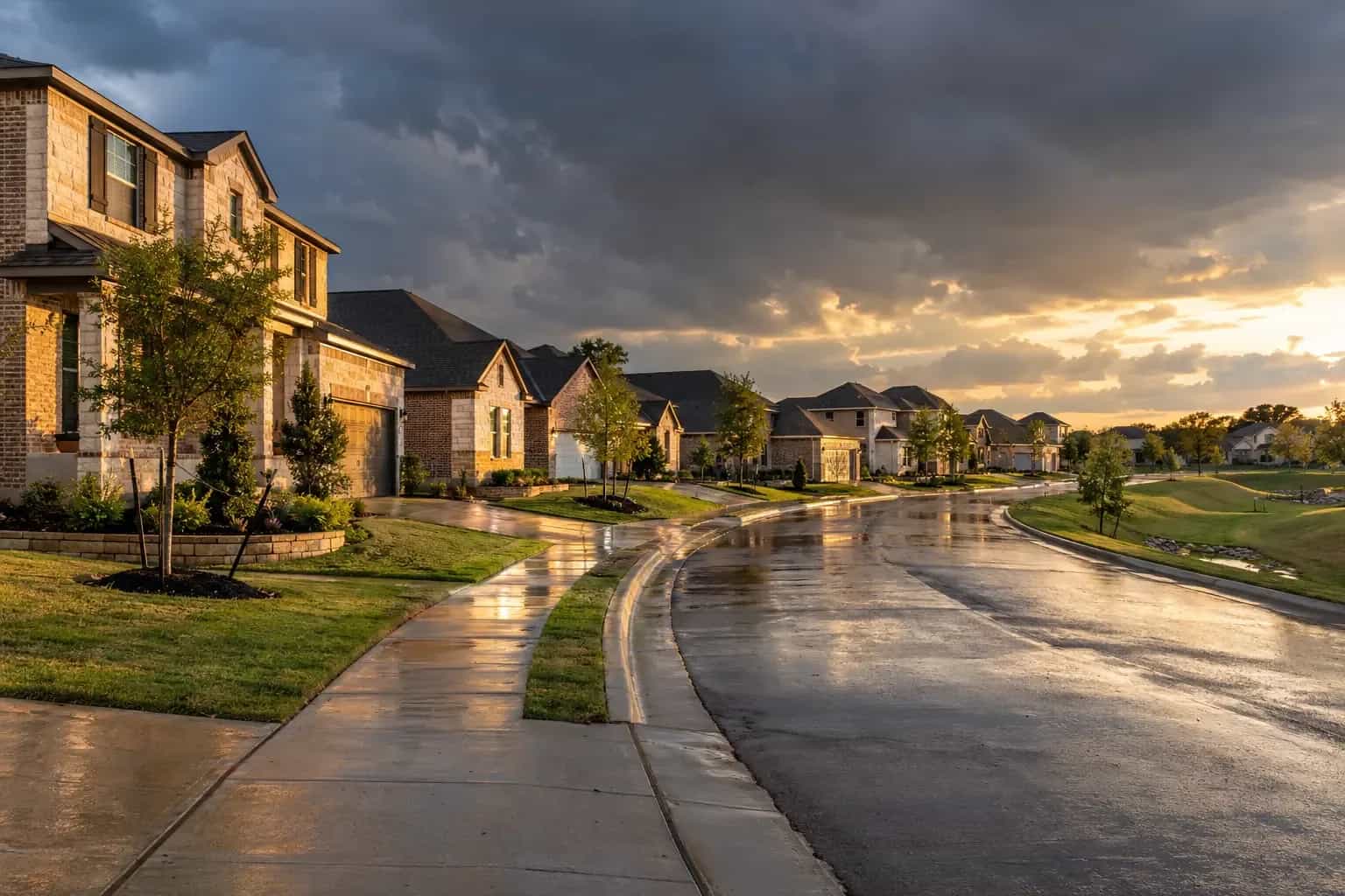 A street of newer brick and stone two-storey homes in Kyle, TX after afternoon rain