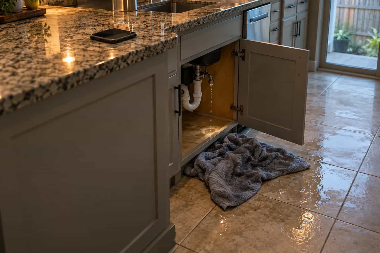 A phone on a kitchen counter above a wet floor and a towel soaking up a leak in a San Marcos, TX home