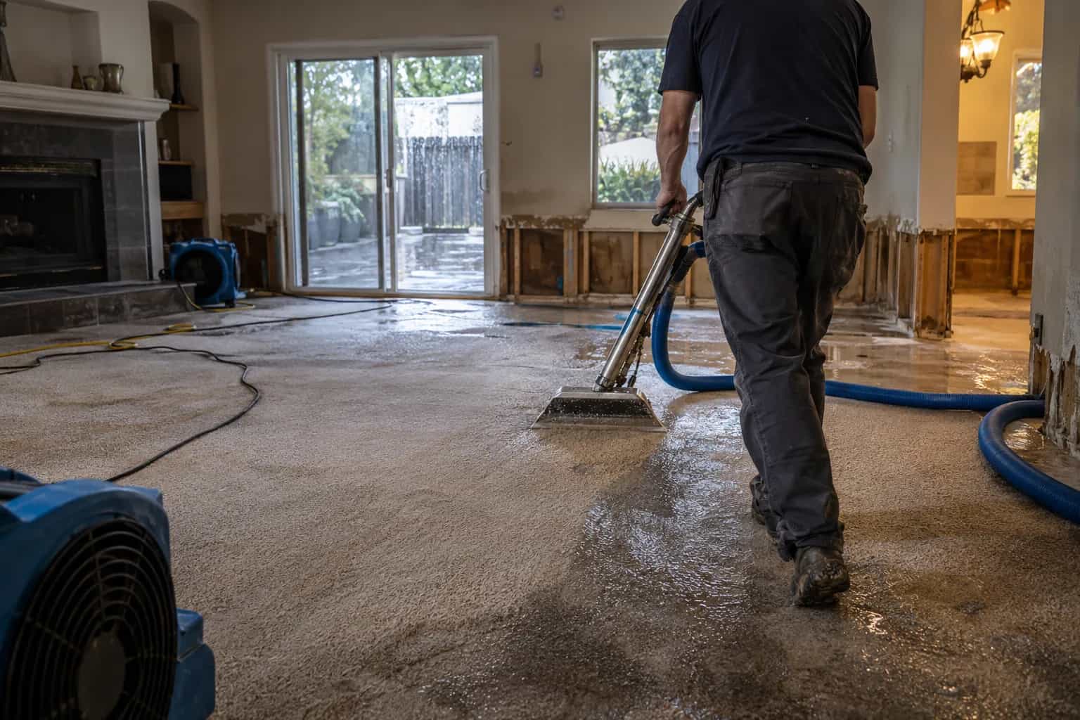 Extraction tool pulling water from soaked carpet in a San Marcos, TX living room