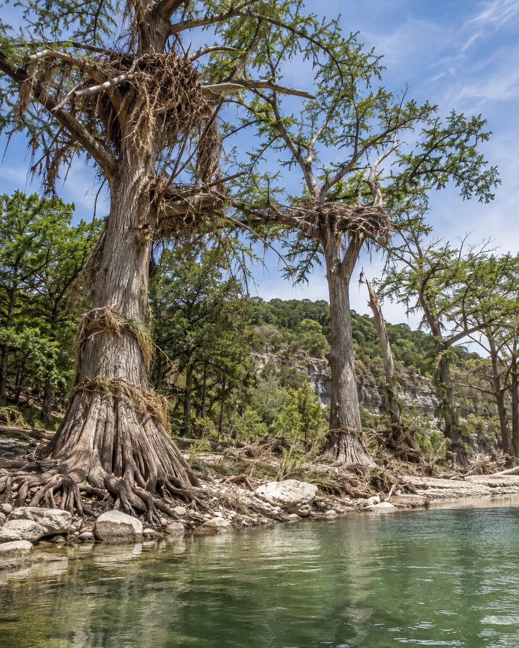 Bald cypress on the Blanco River near San Marcos, TX with old flood debris caught high in the branches