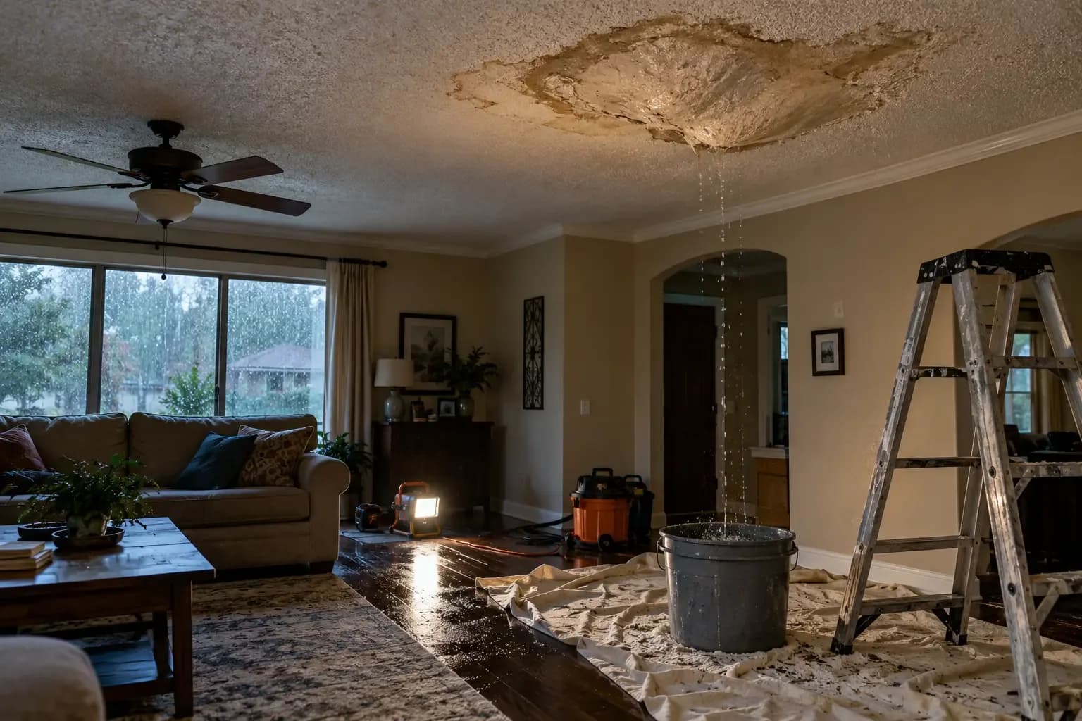 Brown water stain and drip from a sagging ceiling into a bucket in a San Marcos, TX home