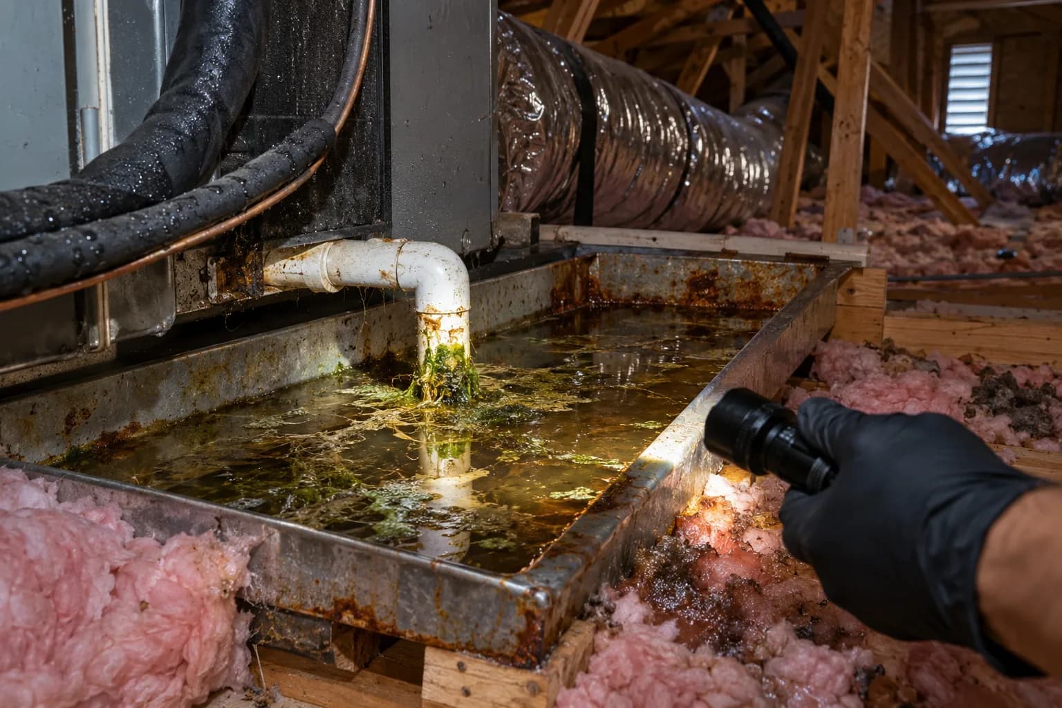 Overflowing AC condensate pan under an attic air handler with algae sludge, a common summer mold source in Texas