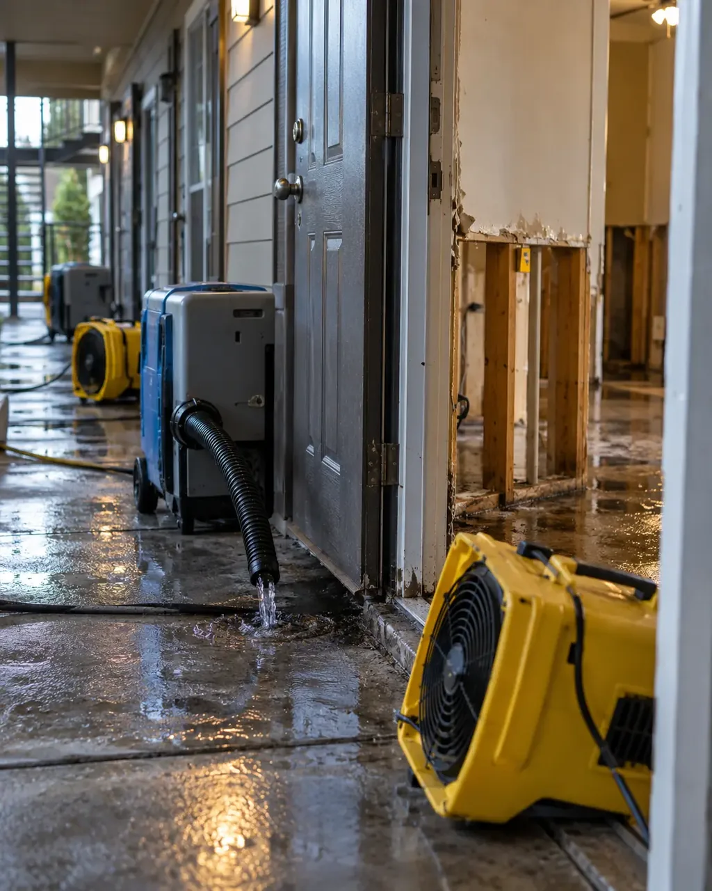 Drying equipment running in an apartment unit during commercial water damage in San Marcos, TX
