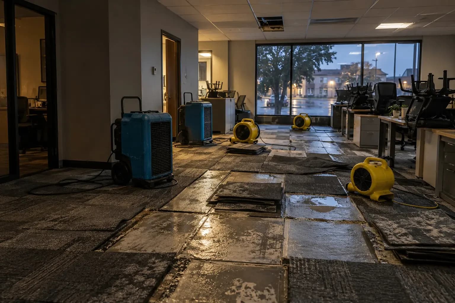 Lifted carpet tiles and air movers drying an office after a leak in San Marcos, TX