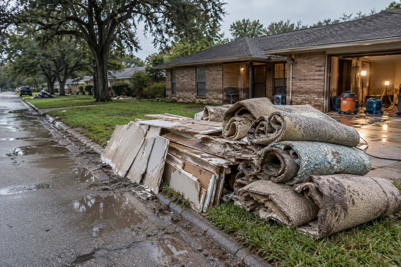 Flood-damaged drywall and carpet stacked at the curb of a brick home in San Marcos, TX after floodwater receded