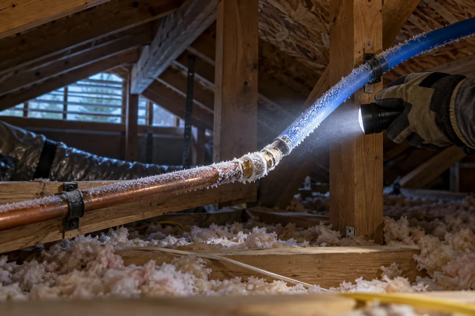 Frost on an uninsulated water supply line running through an unconditioned Texas attic during a hard freeze
