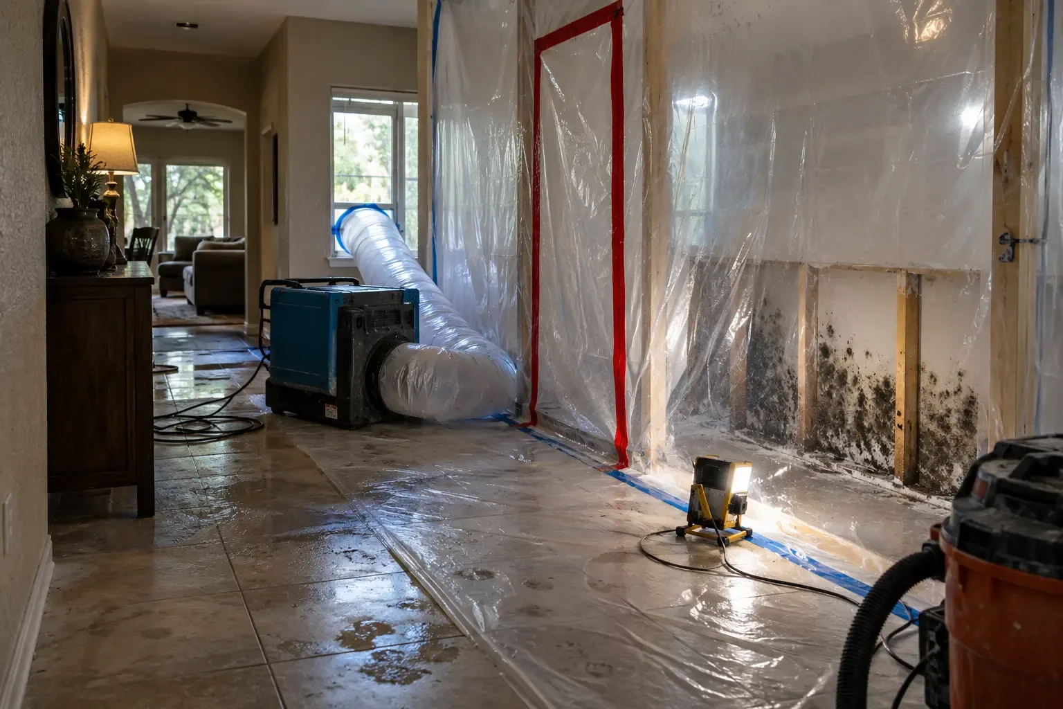 Plastic containment and a HEPA air machine set up for mold remediation in a San Marcos, TX home