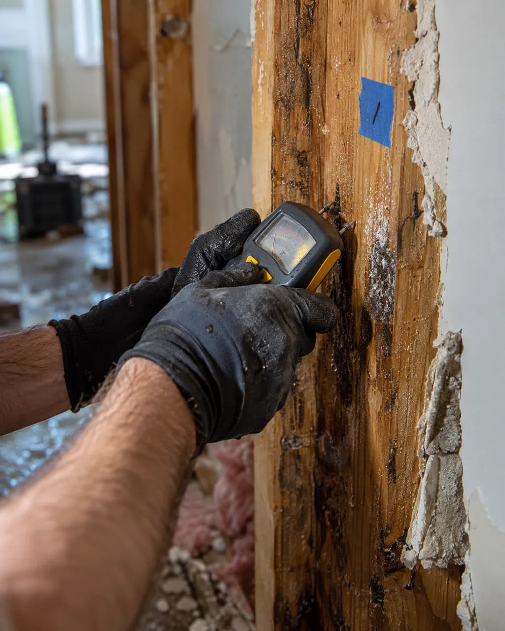 Moisture meter pins in a damp stud during structural drying in San Marcos, TX