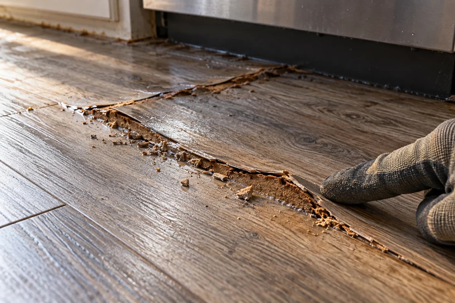 Close-up of swollen, peaked laminate plank seams beside a kitchen dishwasher after a slow water leak in San Marcos