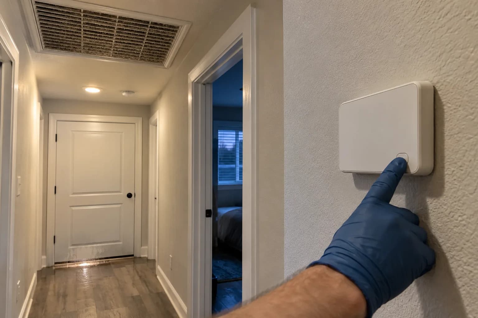 Gloved finger switching a hallway thermostat off with a return air grille nearby, stopping HVAC spread after a sewage backup