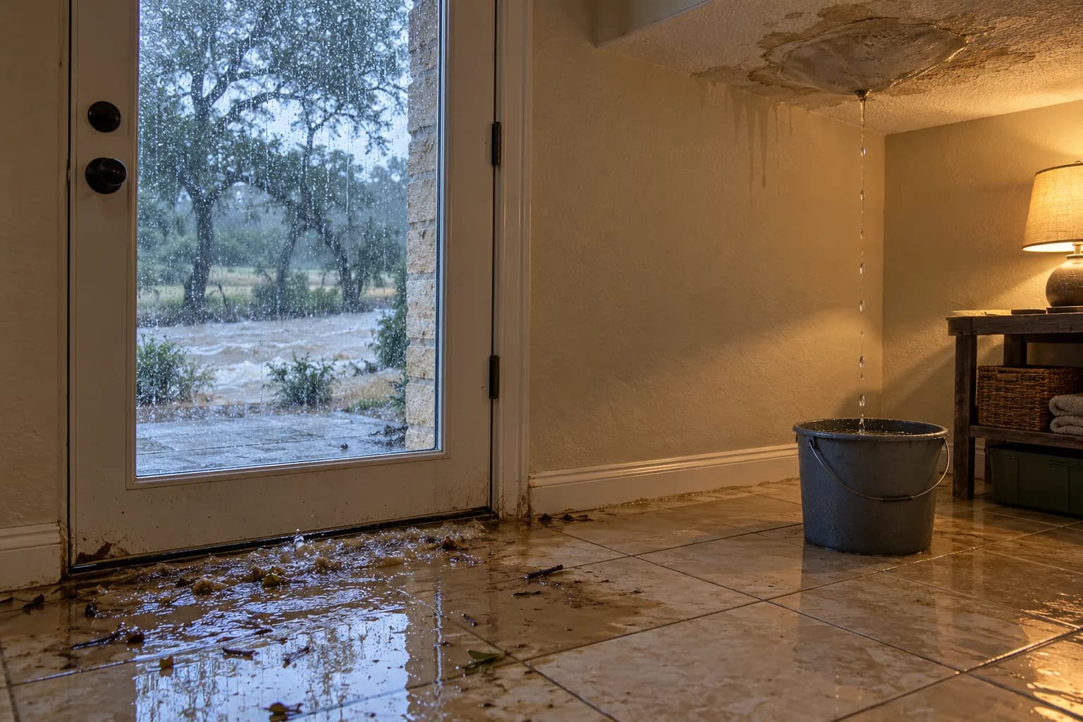 Floodwater entering under a back door while a rain-soaked ceiling drips, two claim types from one Texas storm