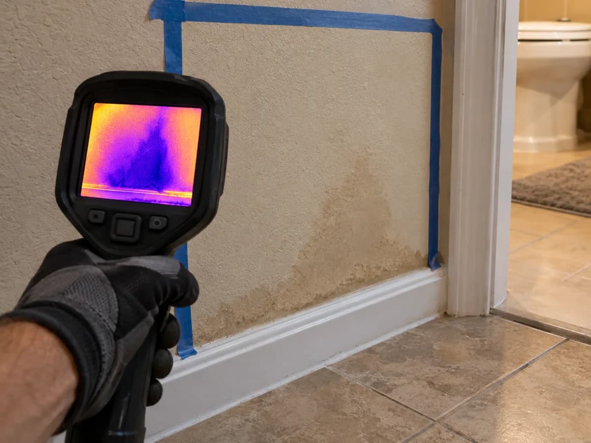 Thermal camera scanning a wall for hidden moisture during a water damage inspection in San Marcos, TX