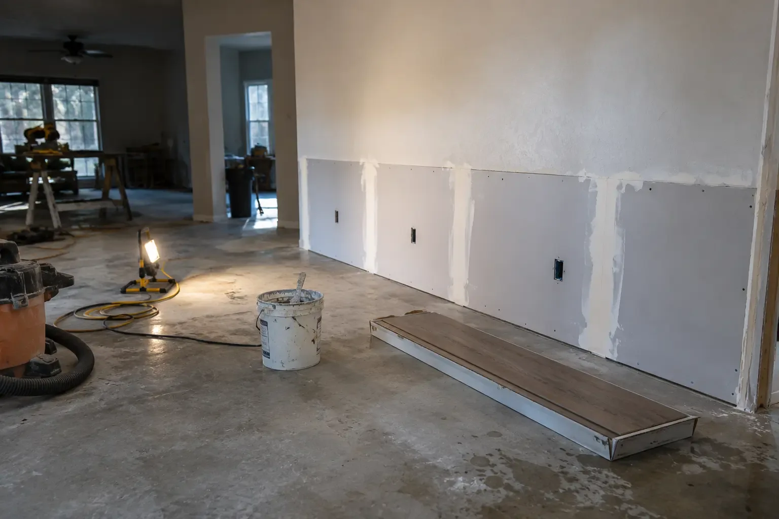 New drywall and vinyl plank flooring being installed after water damage repair in San Marcos, TX