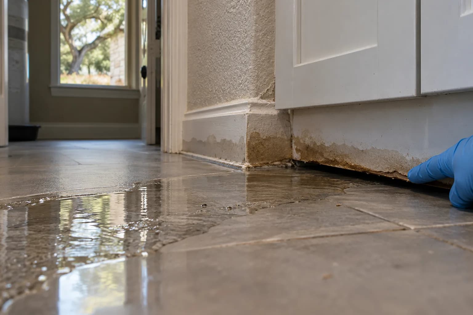Water from a water heater leak spreading under a cabinet kickplate and wicking into baseboard on a slab floor