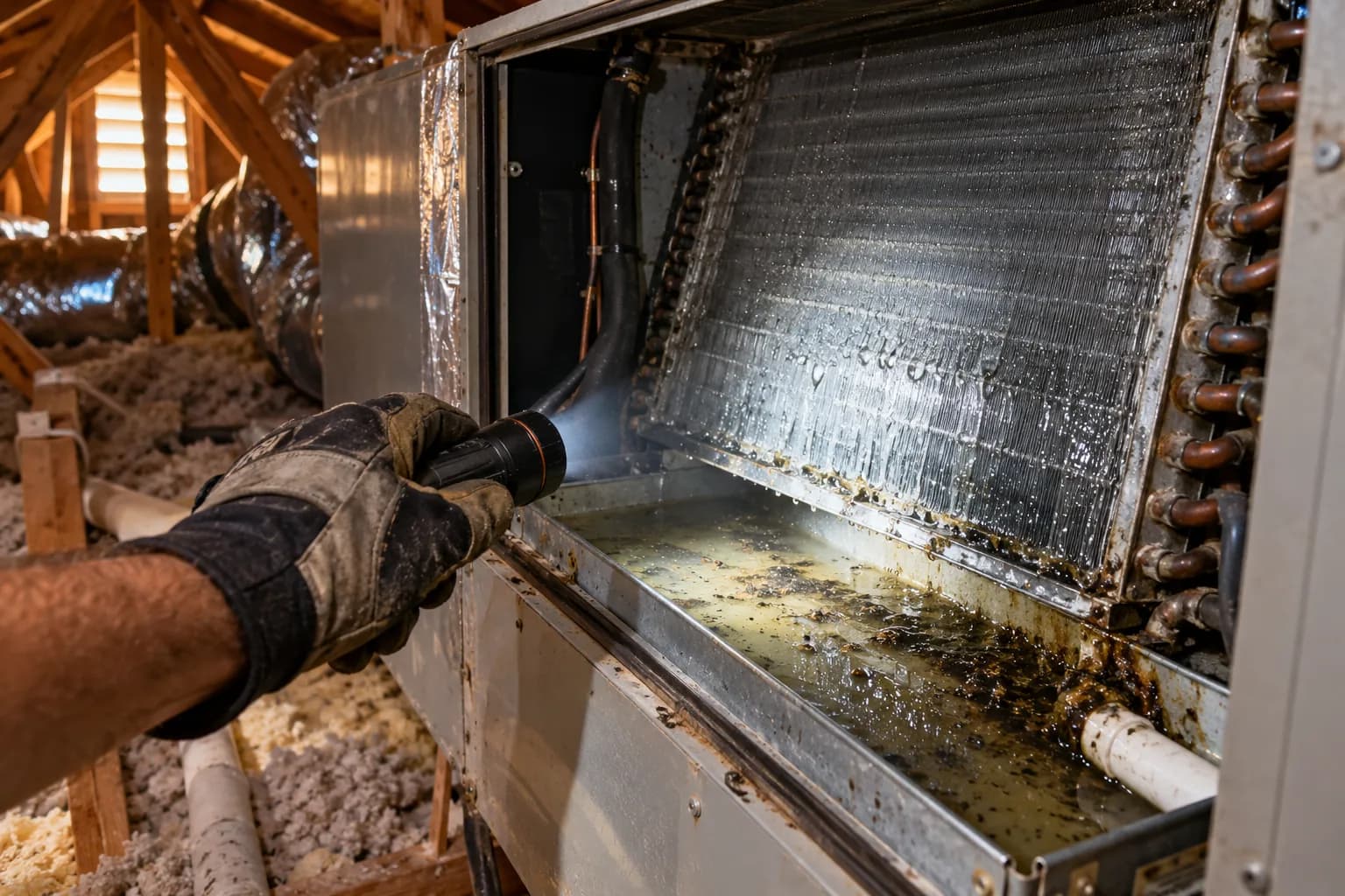 Gloved hand holding a flashlight on a wet evaporator coil and slimy condensate pan, a common source of musty AC smell