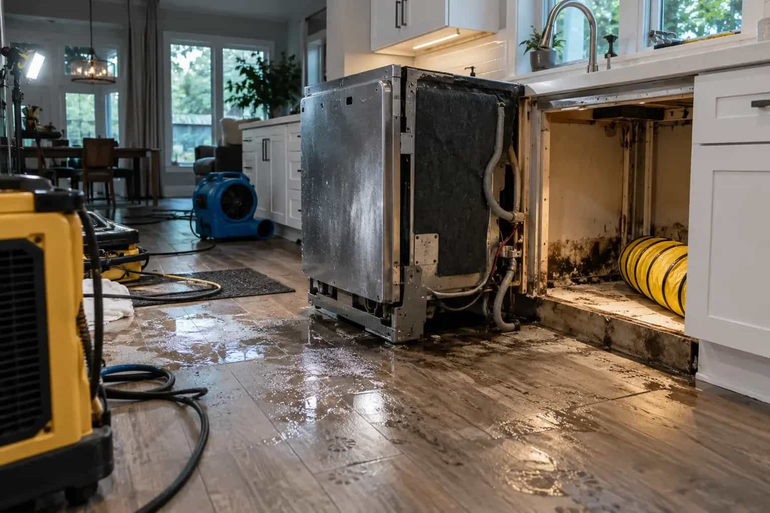 Dishwasher pulled out with an air mover drying under the cabinets after a leak in a San Marcos, TX kitchen