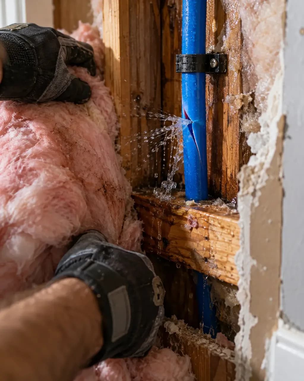Split PEX supply line in a wall cavity during burst pipe water damage in San Marcos, TX