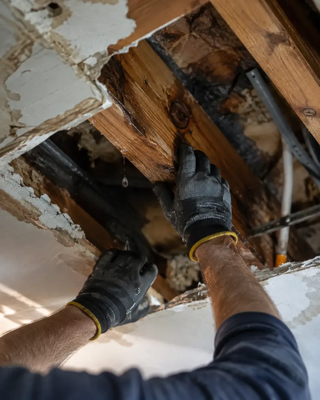 Cut-open ceiling showing joists above a leak during ceiling & roof leak water damage in San Marcos, TX