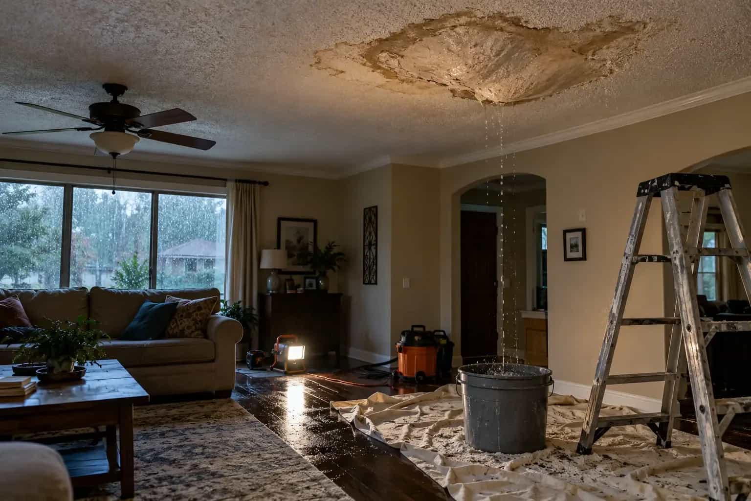 Brown water stain and drip from a sagging ceiling into a bucket in a San Marcos, TX home