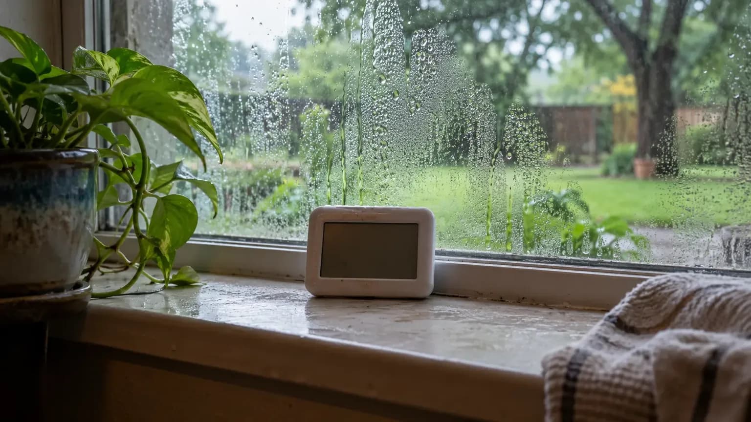 A hygrometer on a windowsill with condensation on the glass on a humid Central Texas summer day