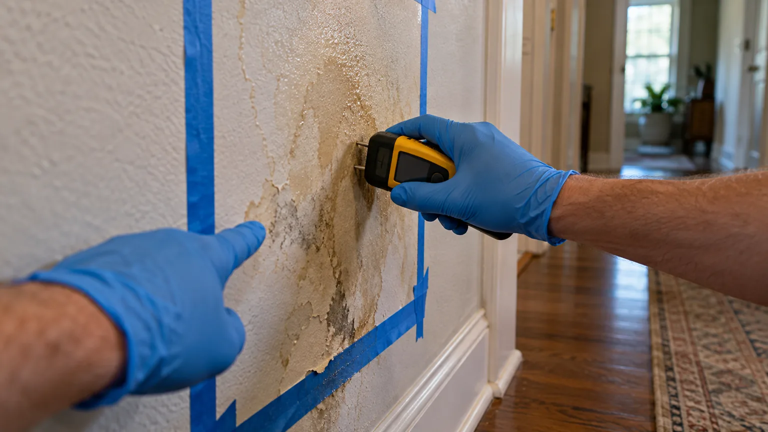 A moisture meter being shown against a wet wall during a water damage assessment in Texas