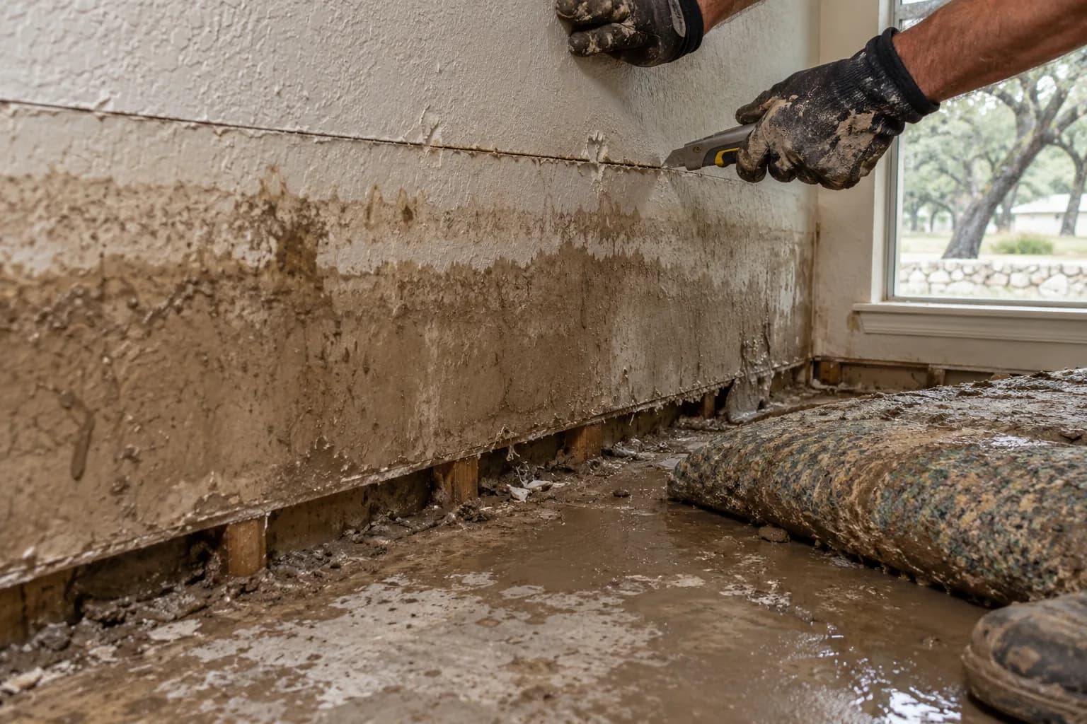 Gloved hands cutting flood-soaked drywall along a muddy waterline in a living room, part of flood water damage recovery