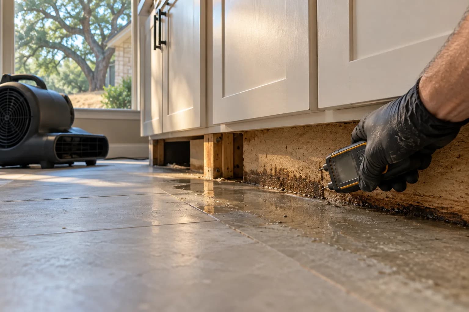 Gloved hand pressing a pin moisture meter into a kitchen cabinet base during structural drying on a slab home