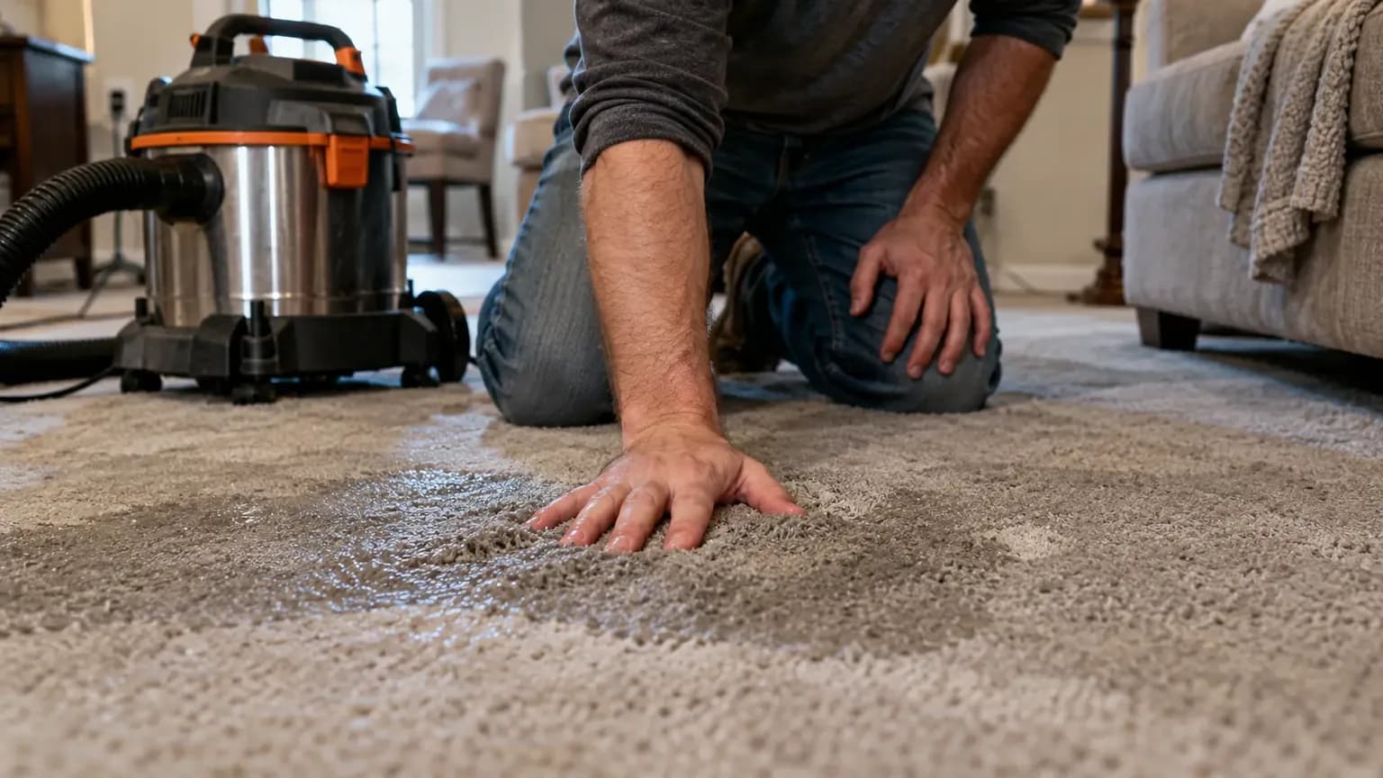 A household wet vac next to a soaked carpet that still holds water in a Texas living room
