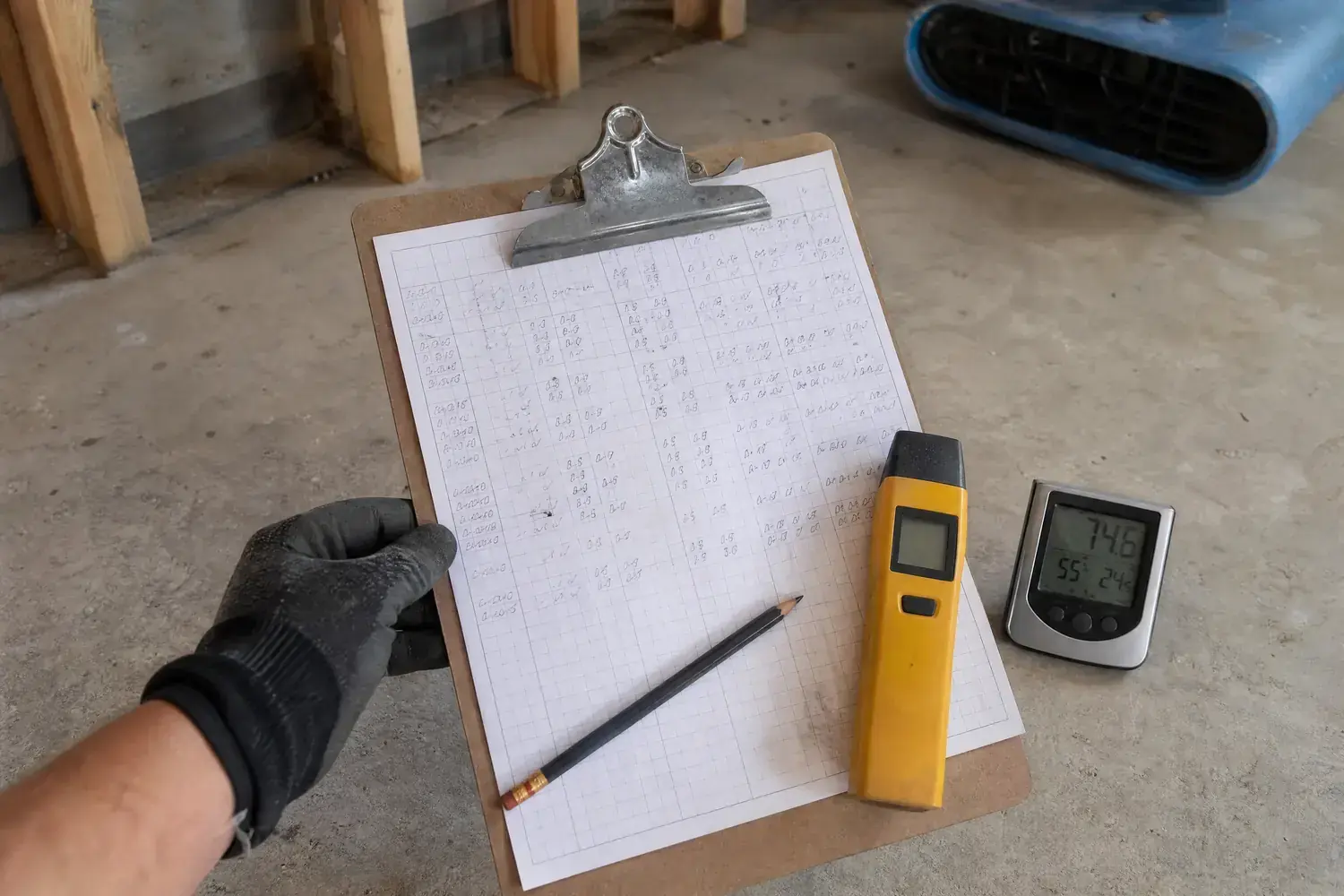 A daily moisture-reading log on a clipboard beside a moisture meter on a bare slab
