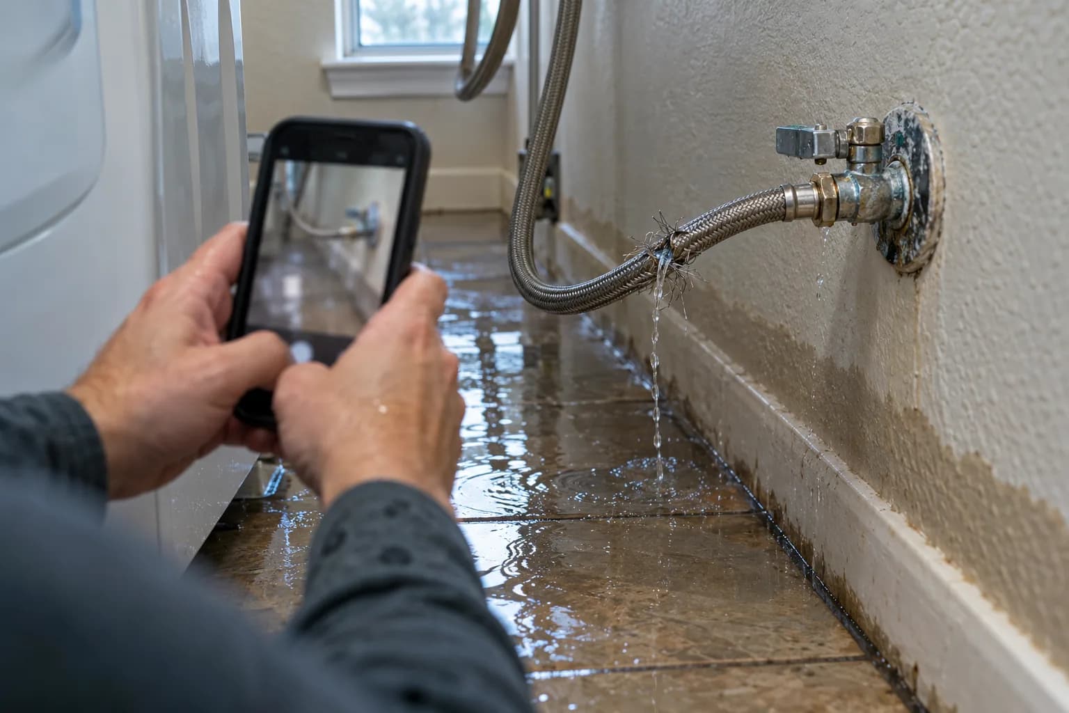 Hands photographing a split washing machine supply line and wet floor to document a Texas water damage claim