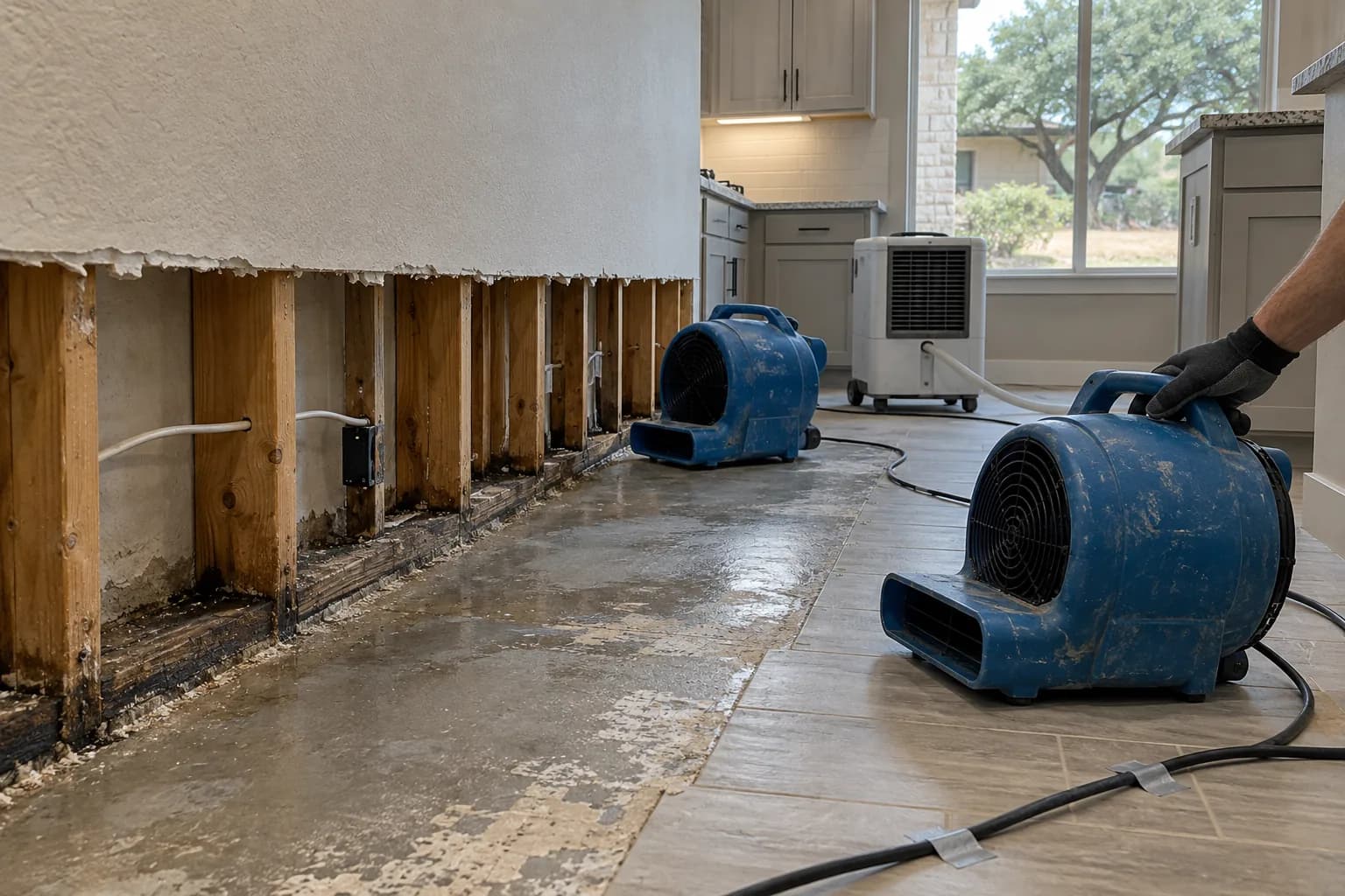 Drywall cut out above the floor with air movers and a dehumidifier running during water mitigation in a San Marcos home