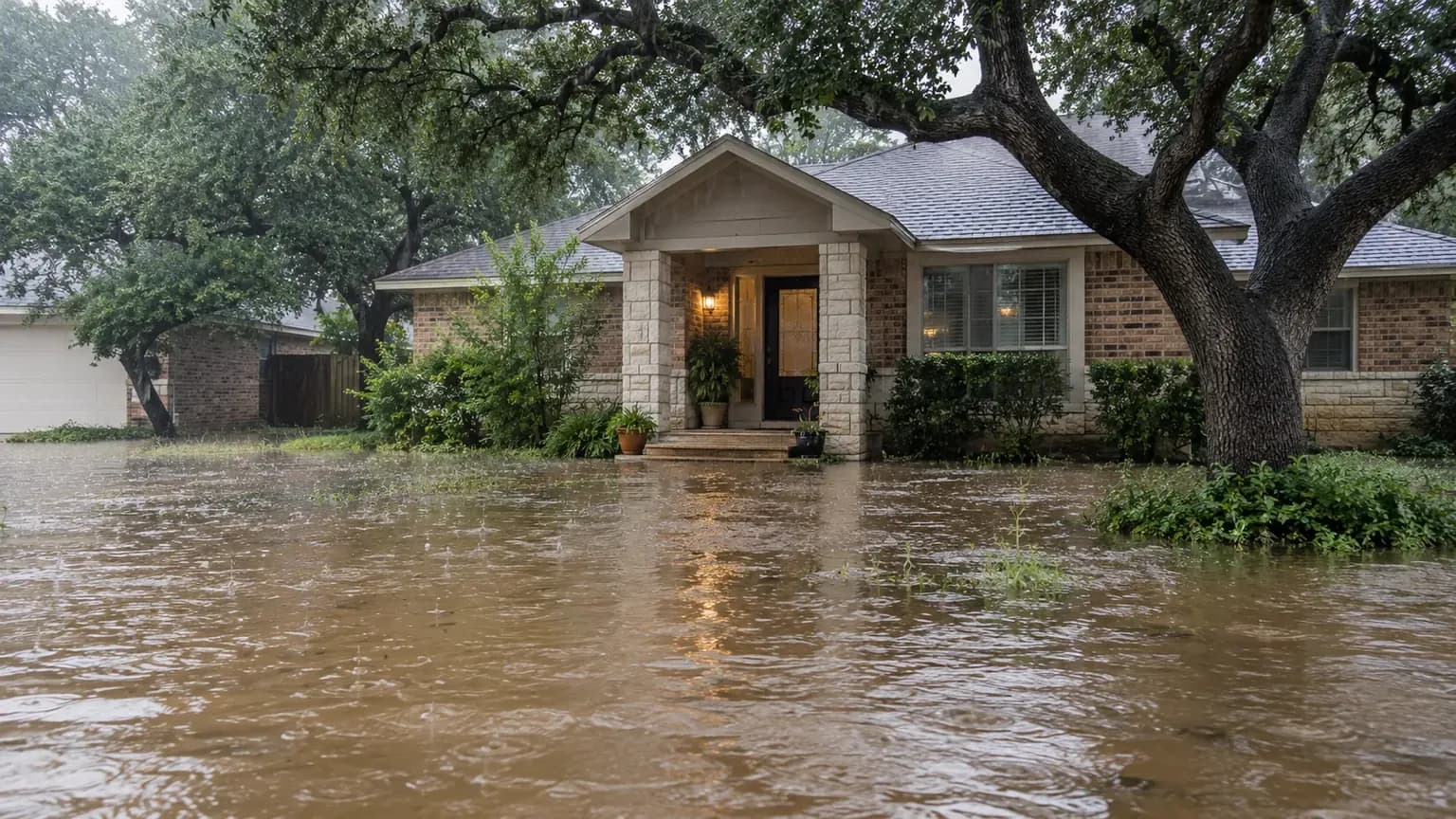 Rising floodwater from outside reaching the front step of a brick home in Central Texas