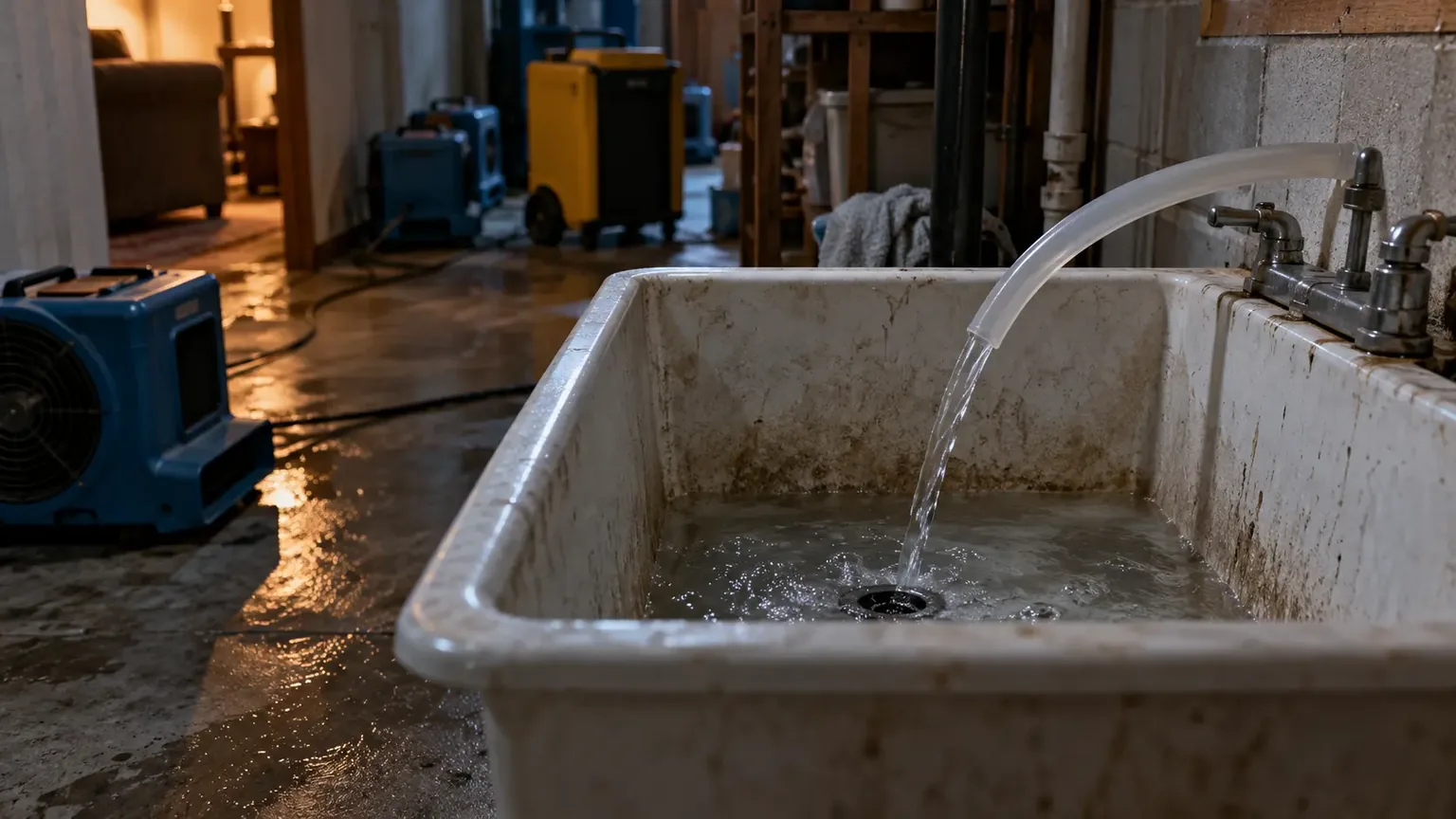 A dehumidifier draining into a sink with air movers running in a drying Texas home