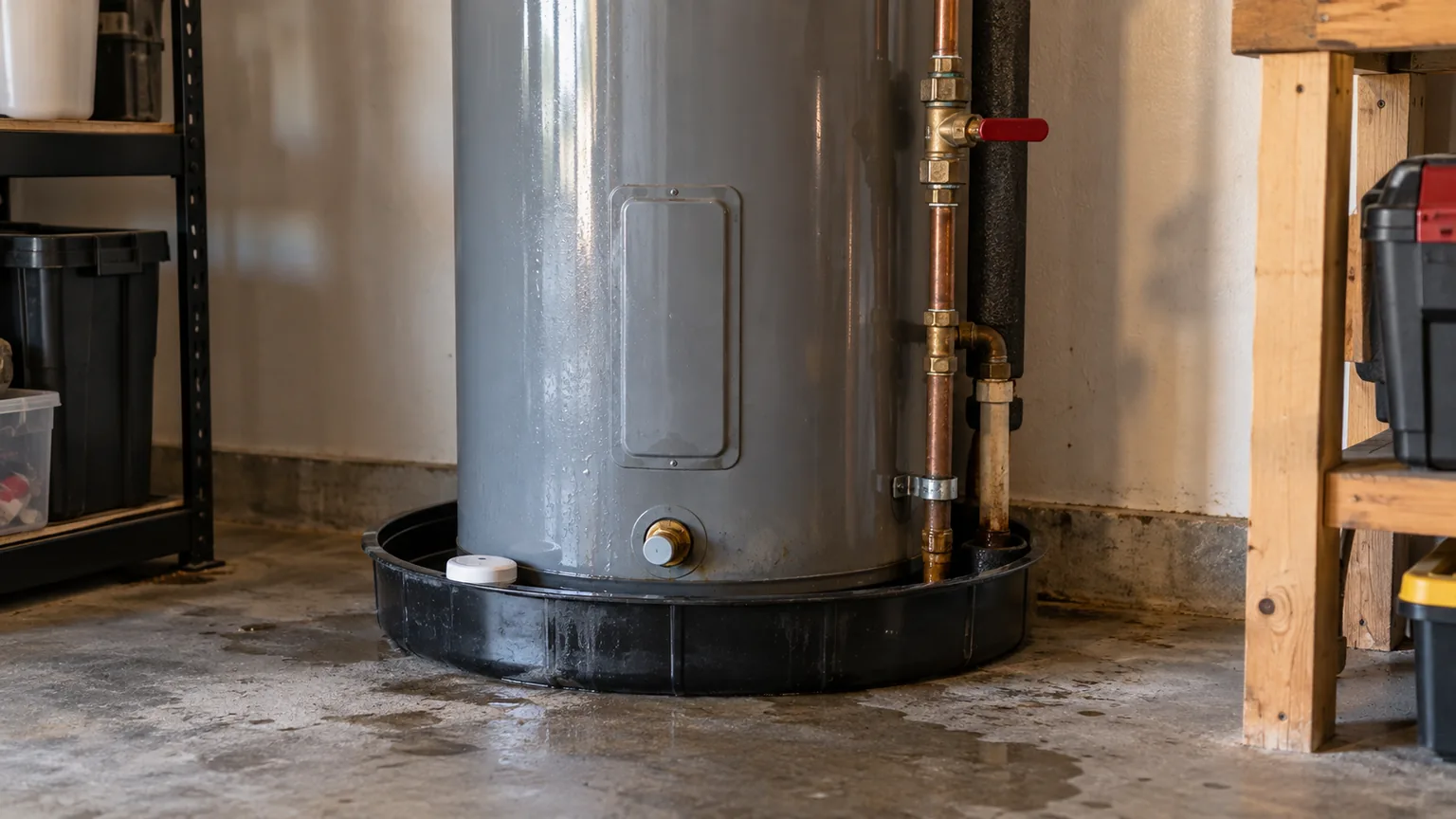 A water heater in a drain pan with a leak sensor on the floor of a Texas garage
