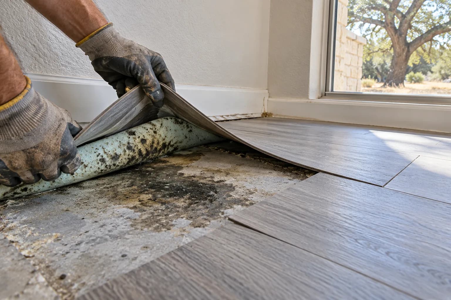 Gloved hand lifting vinyl plank flooring near an exterior wall to reveal a damp slab, a hidden source of musty smell