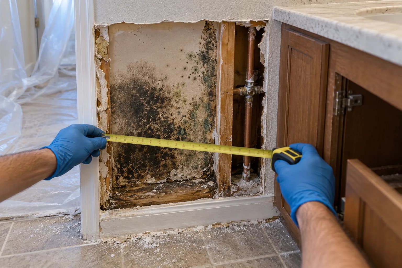 Gloved hands measuring mold in an opened bathroom wall cavity by a vanity, scoping mold remediation cost