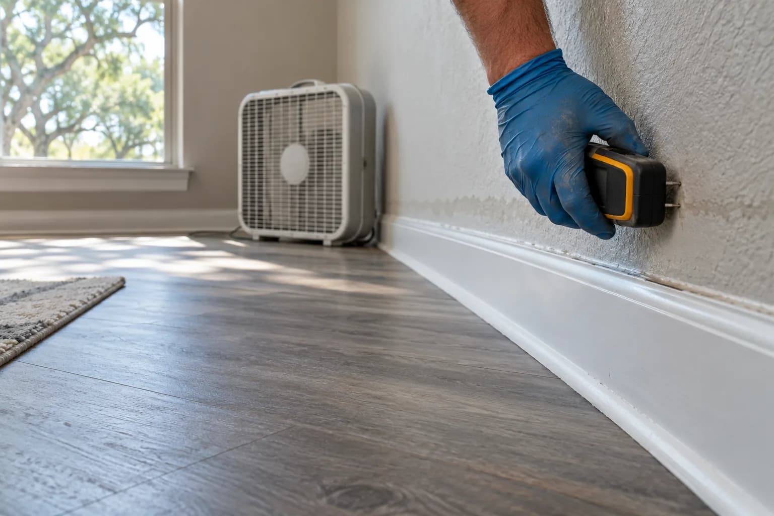 Gloved hand pressing moisture meter pins into drywall above a baseboard on a dry-looking slab floor in San Marcos