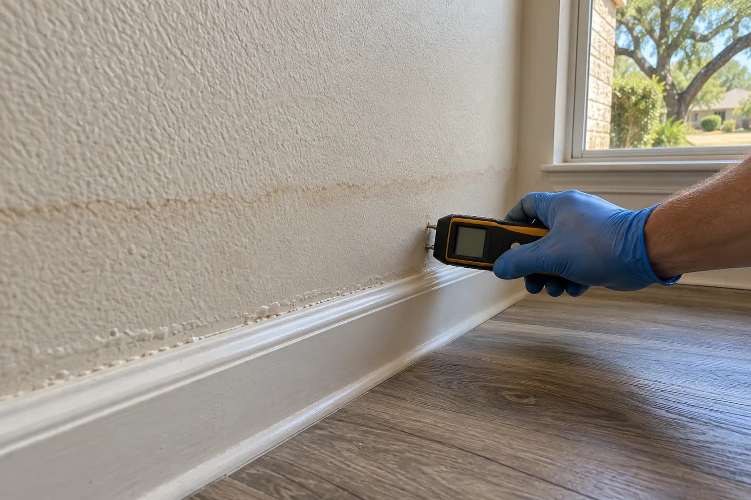 Moisture meter pins in dry-looking drywall above a baseboard, checking for hidden water that feeds mold growth