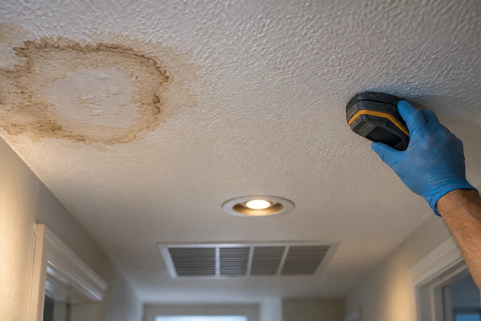 Gloved hand holding a pinless moisture meter to textured drywall beyond a brown ceiling water stain