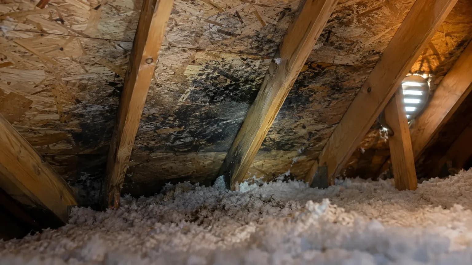 Dark mold growth on attic roof decking above insulation in a San Marcos, TX home