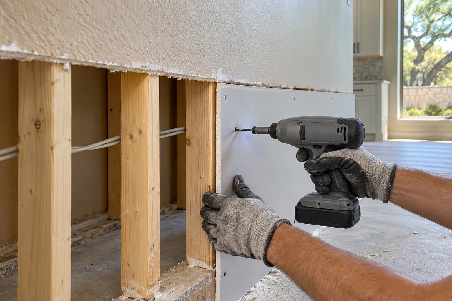 Gloved hands fastening a new lower drywall panel along a flood cut during water damage restoration