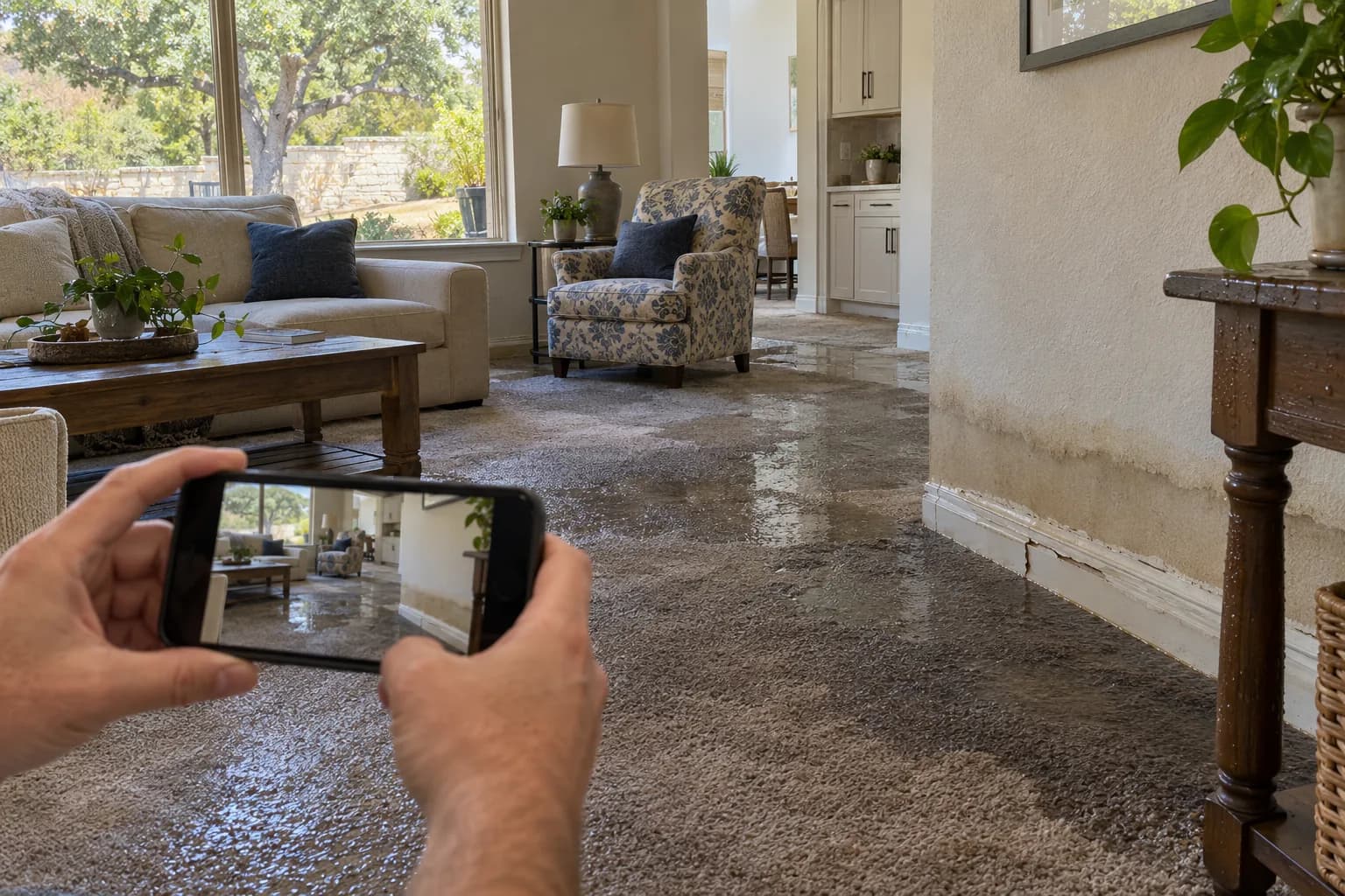 Hands holding a phone to photograph a soaked carpet and water line on drywall to document water damage for insurance