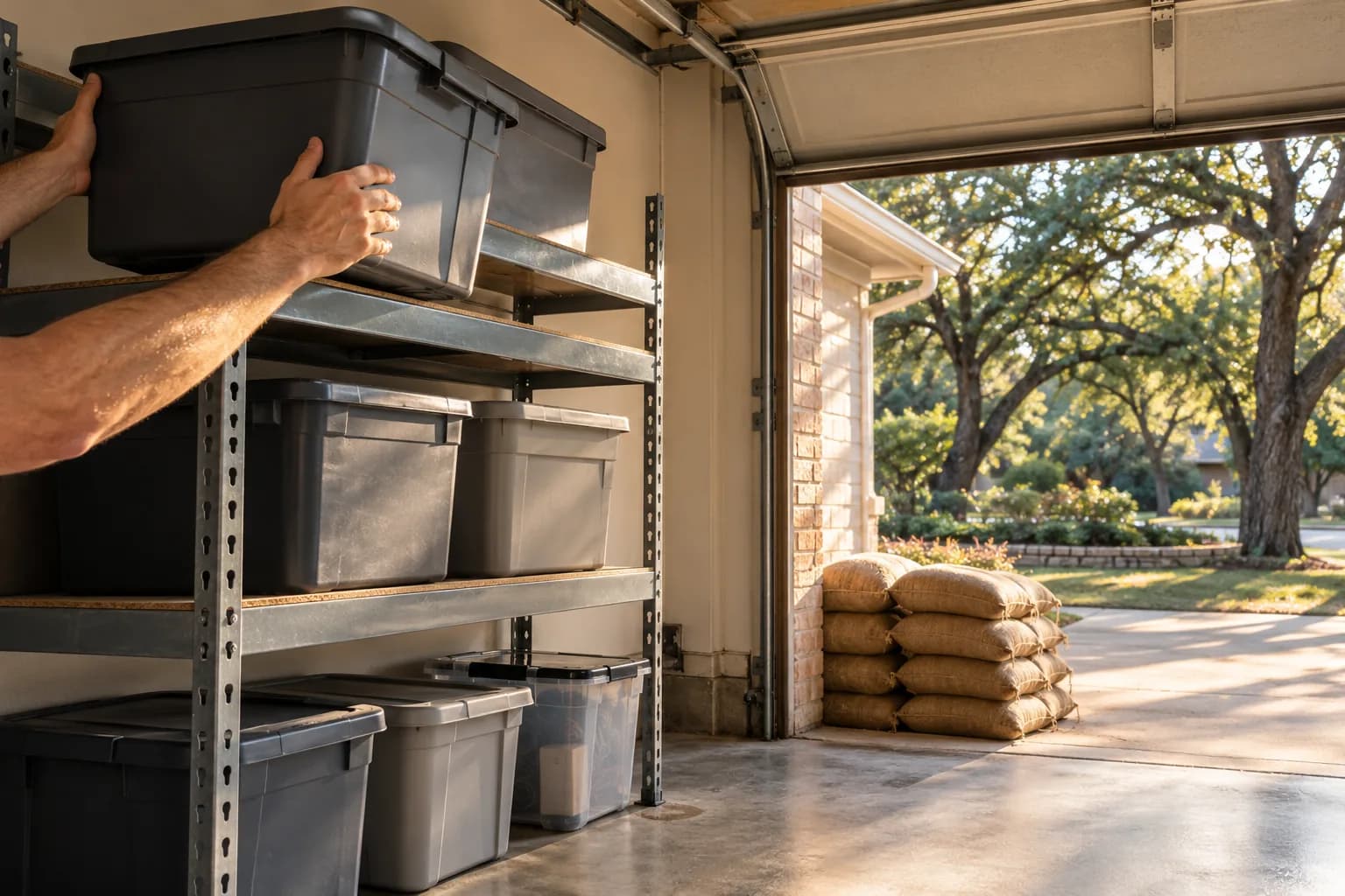 Hands lifting a storage box of documents onto a high shelf in a garage on a slab floor during flood season preparation