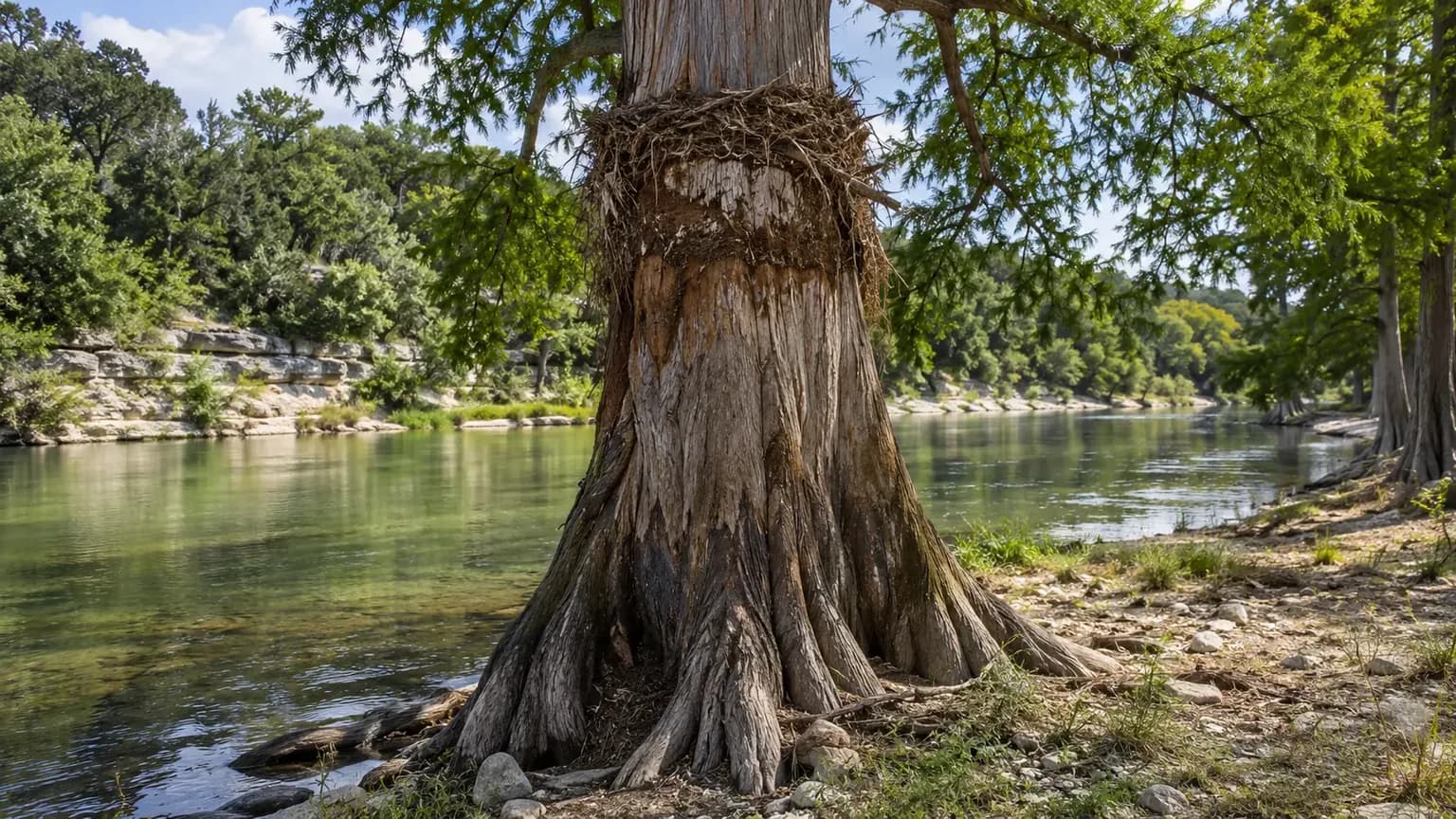 Flood debris caught high on a cypress trunk along the Blanco River in San Marcos, TX, years after the 2015 flood
