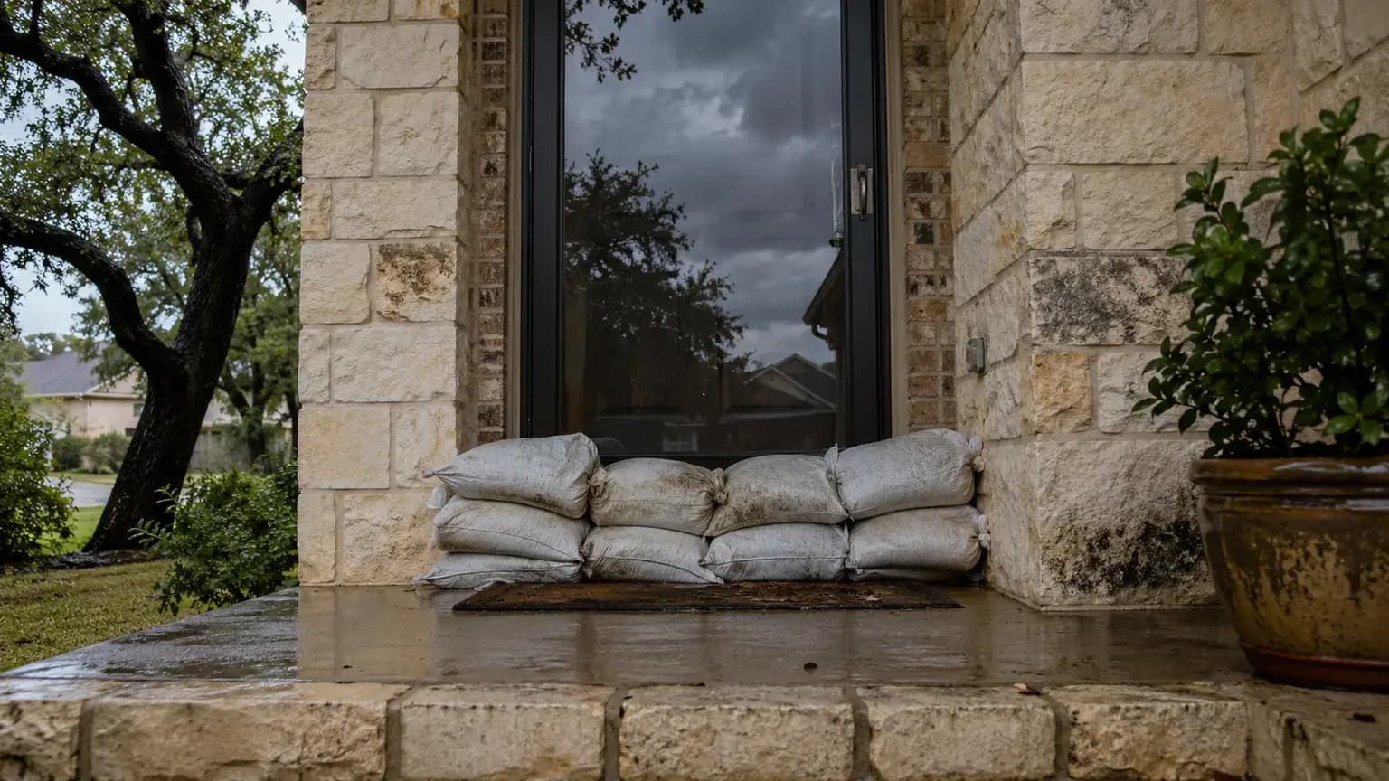Sandbags stacked across the front door of a brick home in San Marcos, TX before a spring storm