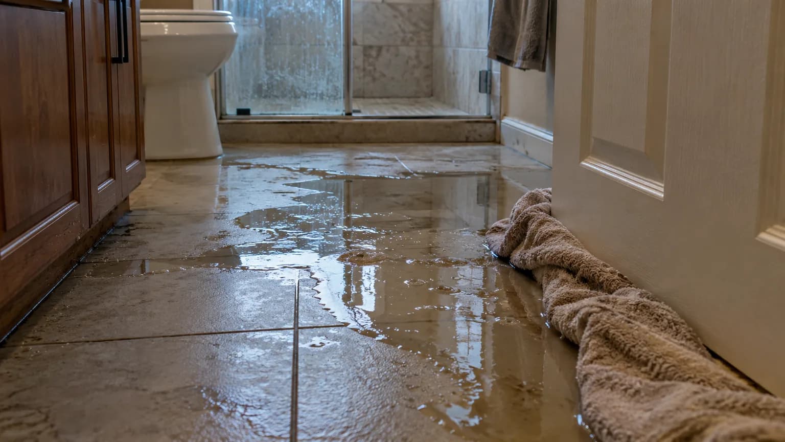 A sewage backup overflowing from a bathroom floor drain onto tile in a Texas home