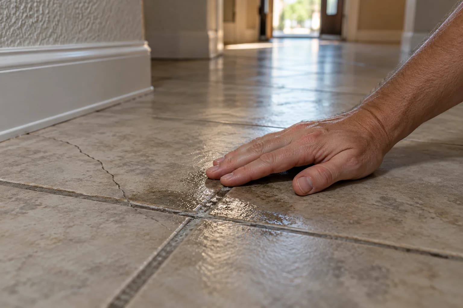 Hand flat on a damp, cracked tile floor checking a warm spot, a common slab leak sign in San Marcos homes