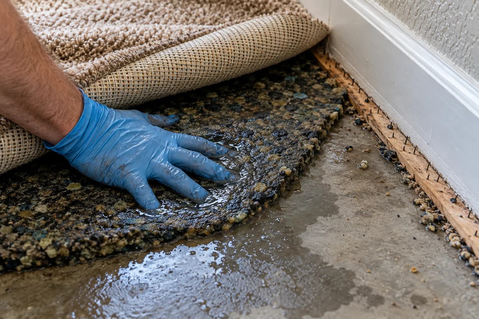 Carpet folded back to show a waterlogged pad sitting on a damp concrete slab after a clean-water leak in San Marcos