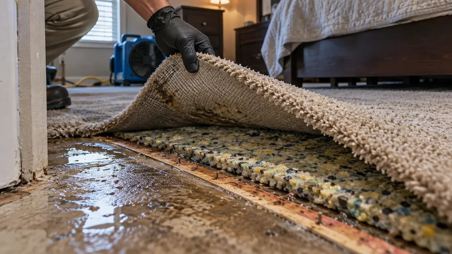 A hand pulling up a corner of soaked carpet to check the wet pad in a Texas home