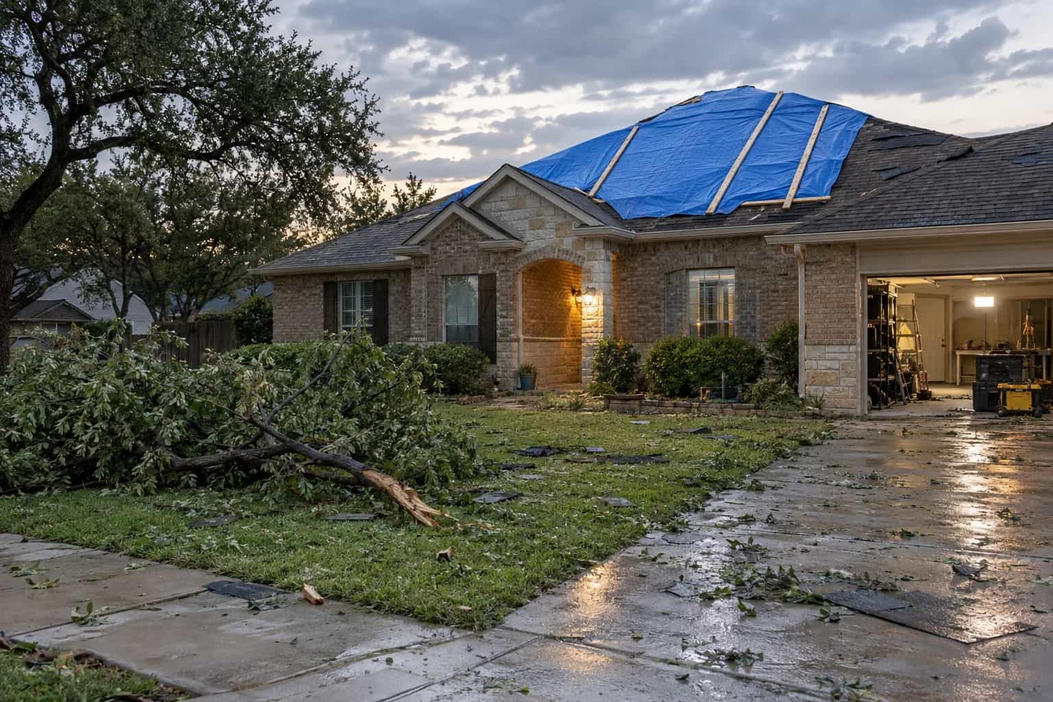 Blue tarp over a storm-damaged roof on a brick and limestone home in San Marcos, TX